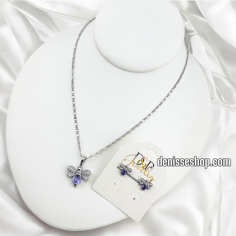 WOMEN/GIRL FASHION SILVER PURPLE BEE NECKLACE SET N229