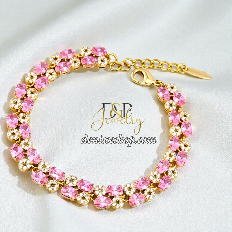 14KGOLD/PINK/WHITE STONE SQUARE SHAPE BRACELET BR870
