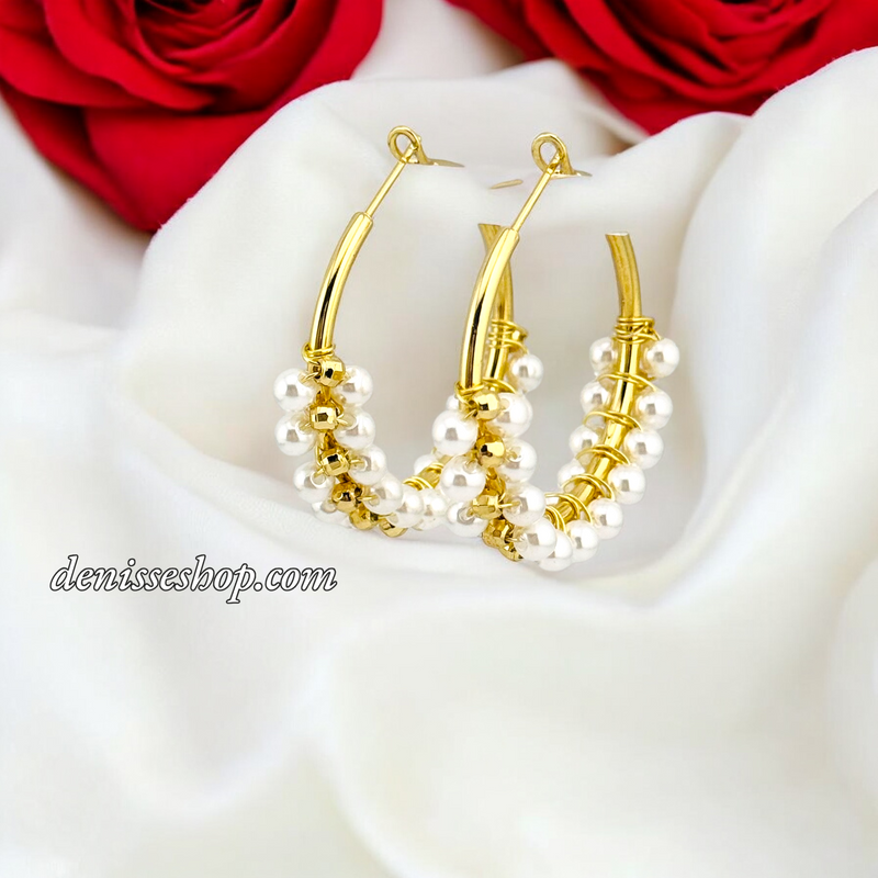 14K LOVELY PEARL GOLD HOOPS HP621