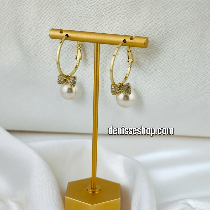 14K BOW PEARL GOLD HOOPS HP409