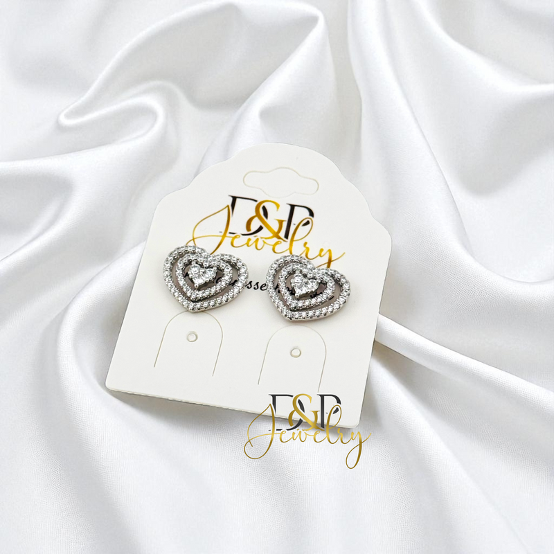 14K SILVER FANCY HEART DESIGN STUD EARRINGS E1029
